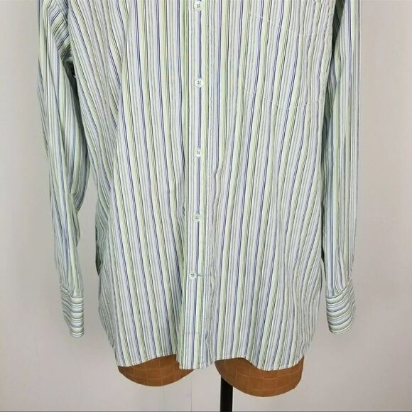 Tommy Hilfiger Large Blue Green White Striped Button Down Dress Shirt - Picture 6 of 8